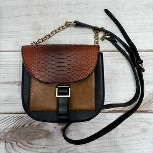 Tri Color Shoulder Crossover Bag Purse Black Brown Tan Croco Faux Leather Chains